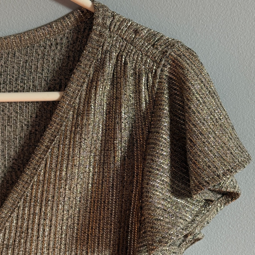 White House Black Market Short Flutter Sleeve Metallic Gold Top